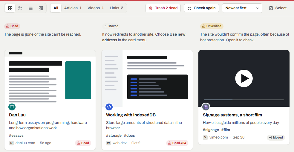 The Broken links view: bookmarks marked dead, moved or unverified, with buttons to trash dead links and check again.