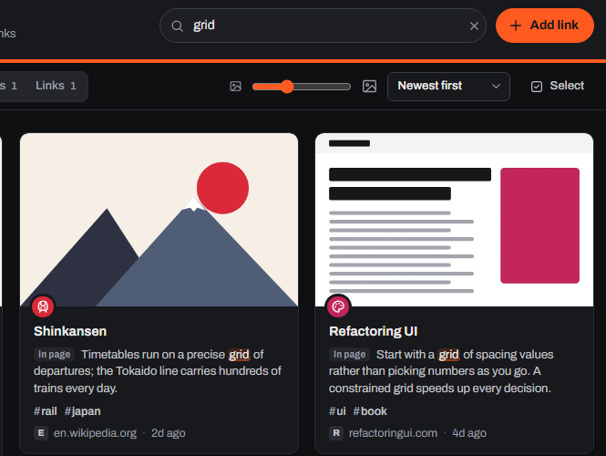 Linemark in its dark theme, searching for the word grid: matching bookmarks show the passage from the page where the word appears.