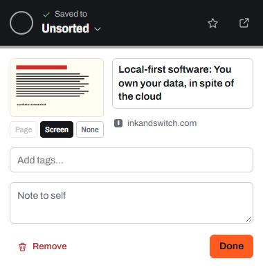 The Linemark popup after saving a page: a cover preview, the page title, fields for tags and a note, and a Done button.